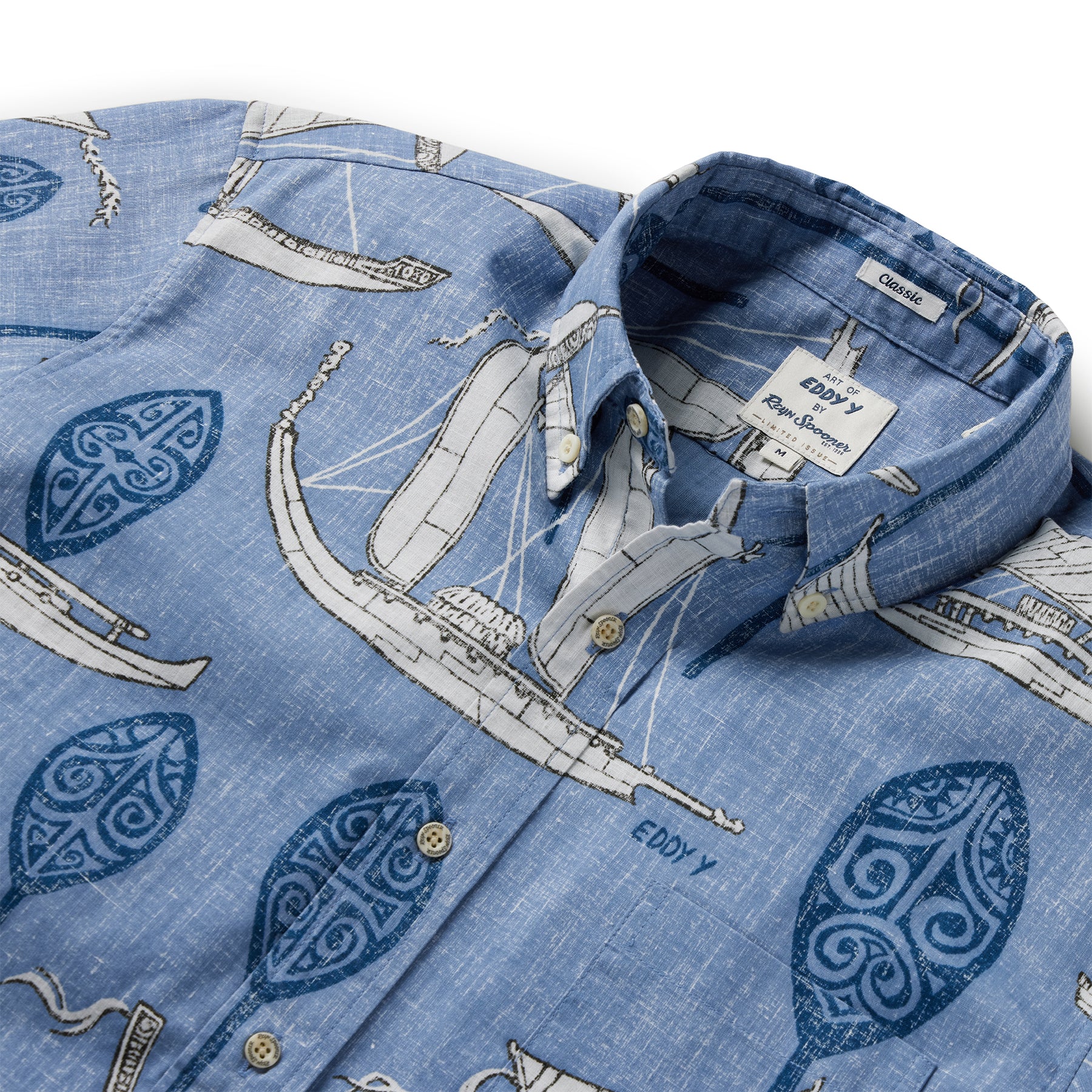 Reyn Spooner SOUTH PACIFIC VOYAGERS BUTTON FRONT in INFINITY BLUE