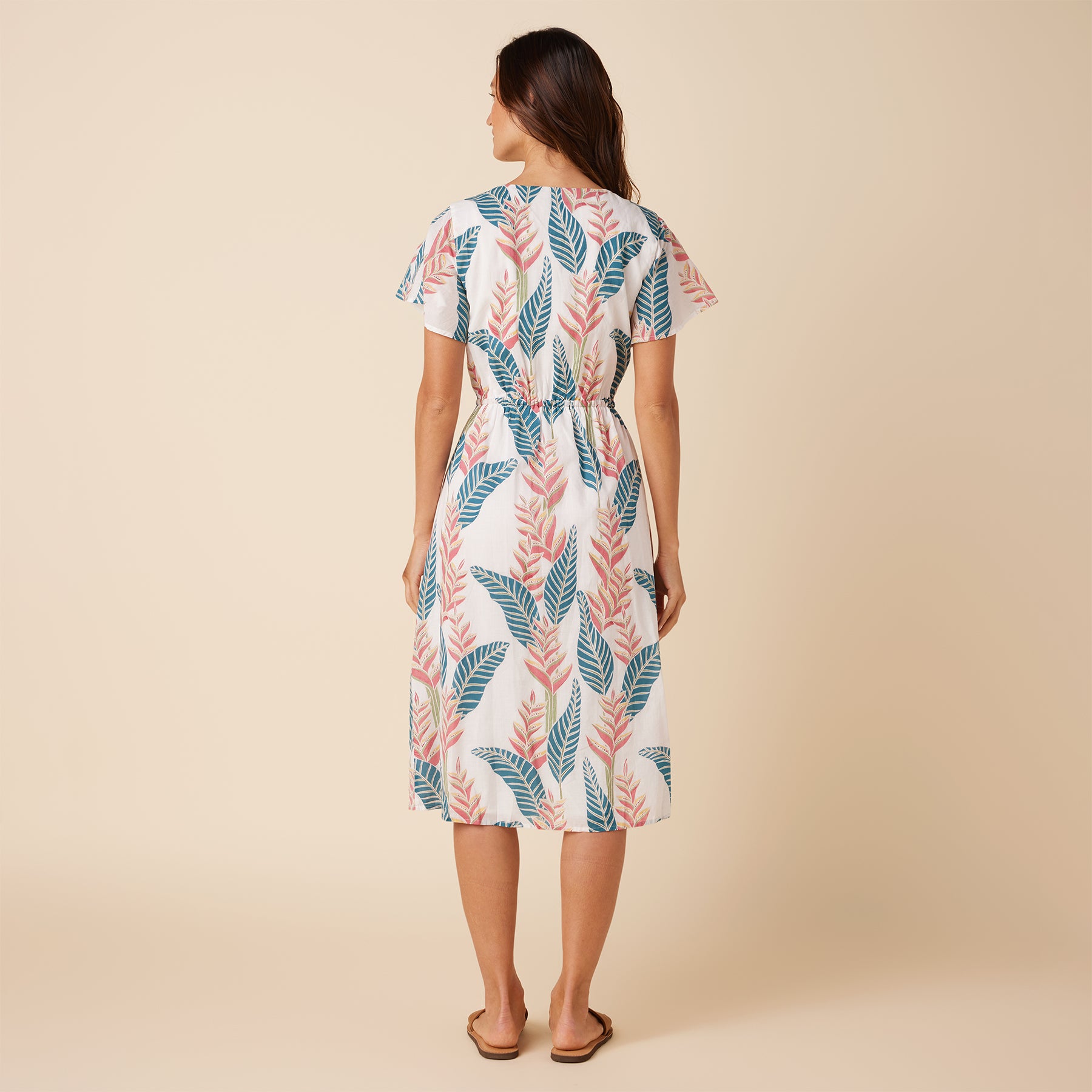 Reyn Spooner HELICONIA FLUTTER SLEEVE MIDI DRESS in WHITE