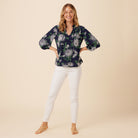 Reyn Spooner GARDEN MUMS 3/4 SLEEVE BLOUSE in DRESS BLUES